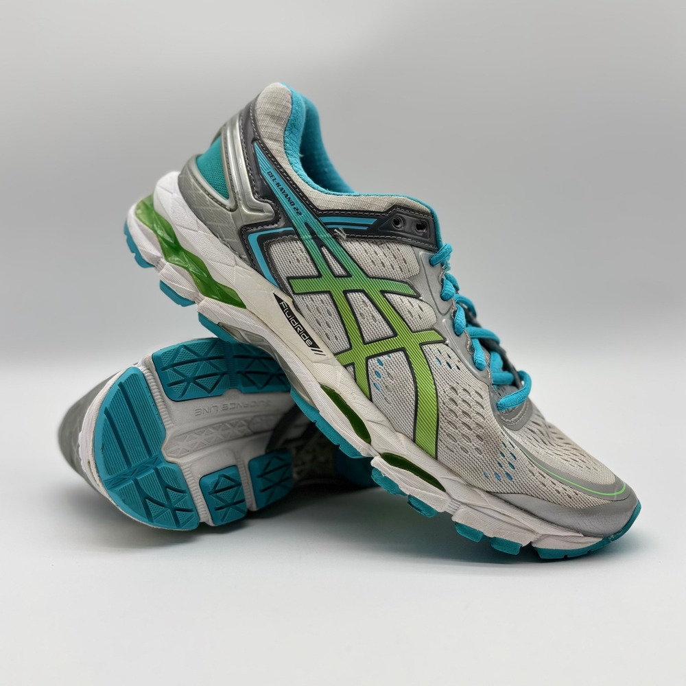 Asics Gel Kayano 22‎ Womens 9 Silver Blue Lime Green Running Shoes T597Q
